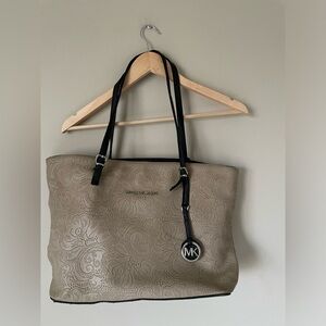 Michael Kors taupe and black leather tote bag perforated floral/paisley pattern